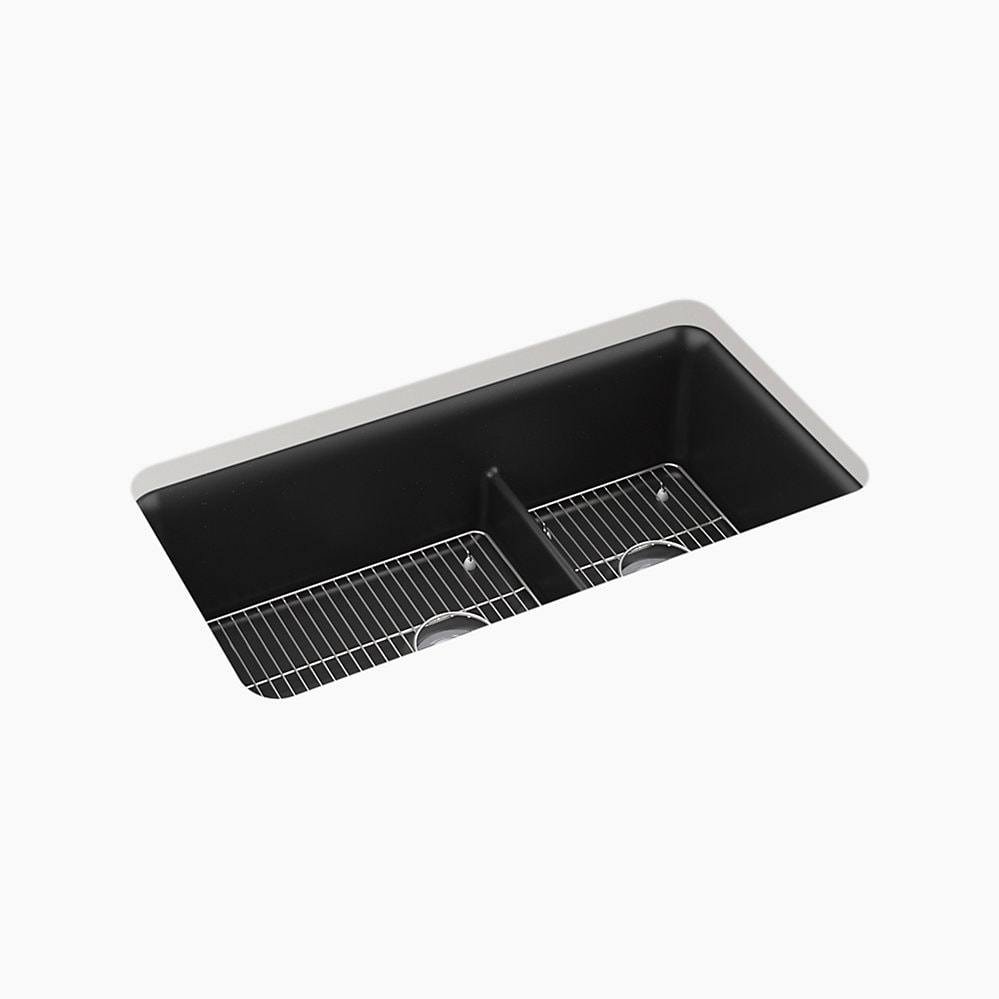 KOHLER Cairn Smart Divide 33-1/2 undermount double-bowl kitchen sink Matte Black Matte slab, full view
