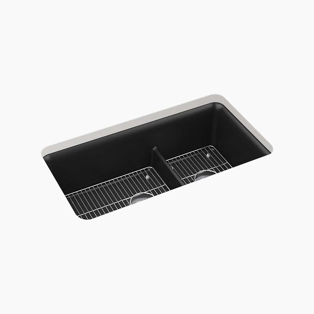 KOHLER Cairn Smart Divide 33-1/2 undermount double-bowl kitchen sink Matte Black slab at Aracruz RE